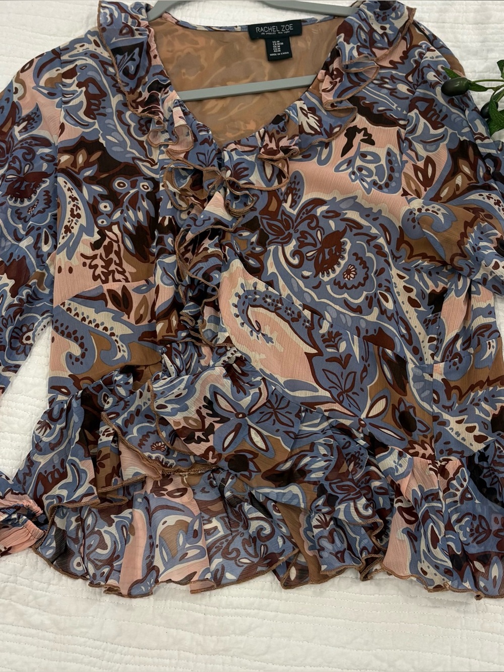 Rachel Zoe Blue, Brown and Pink Paisley Ruffle Blouse